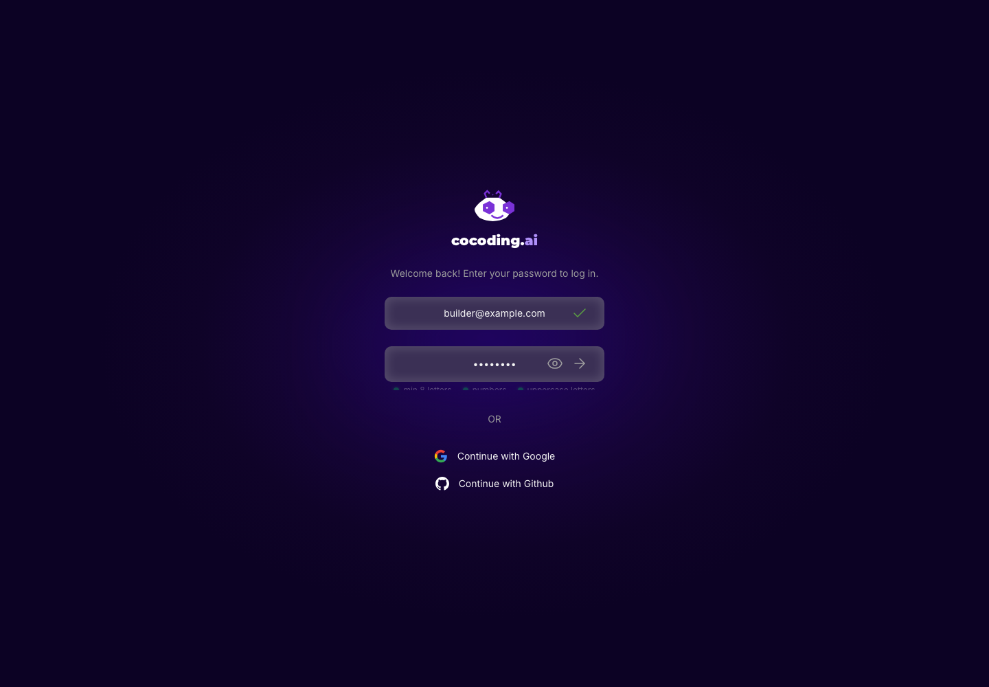 Cocoding AI password step for an existing account