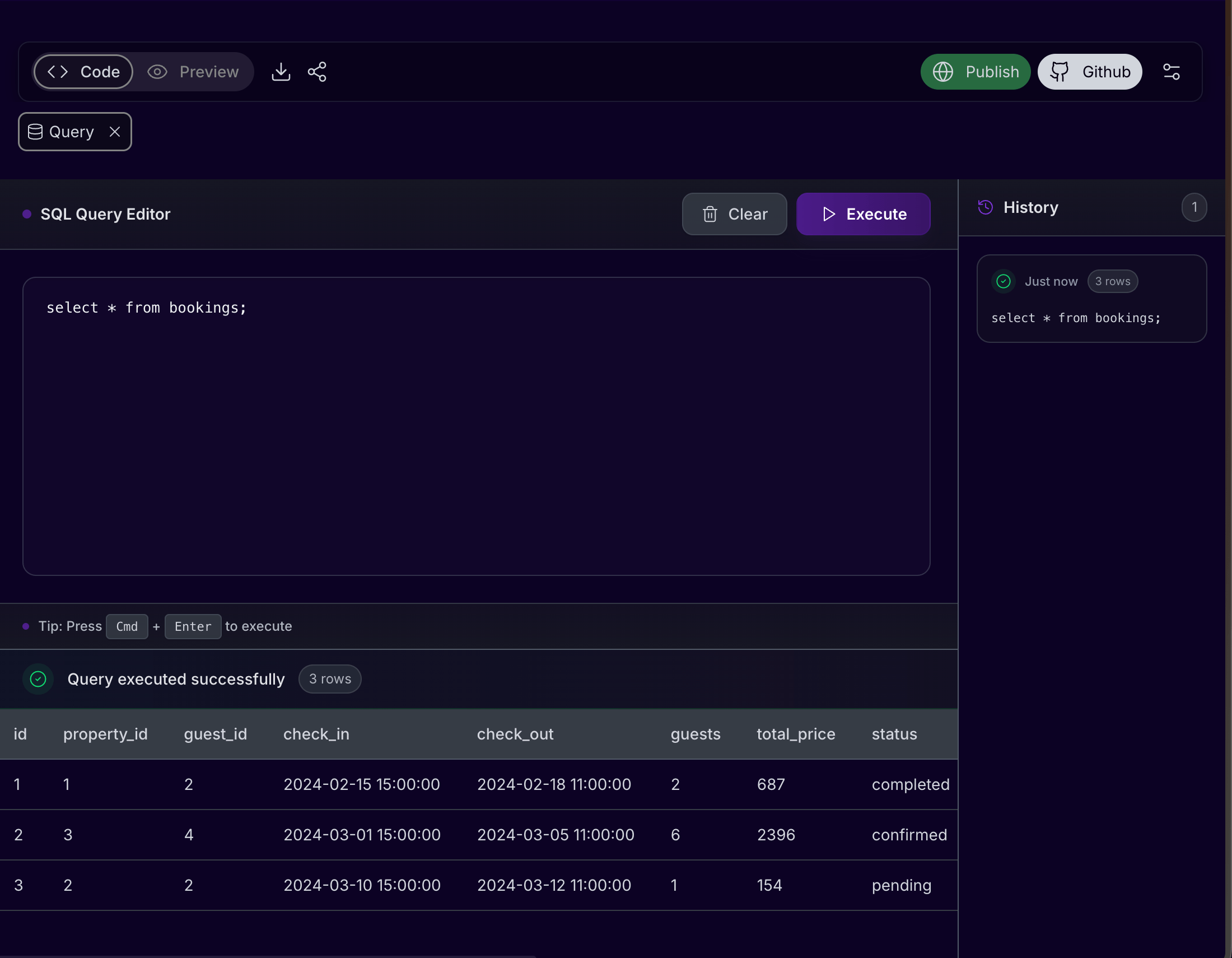 Cocoding AI SQL query editor with query results and history