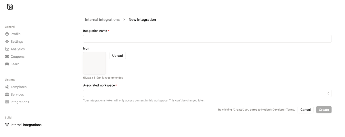 Notion new integration form