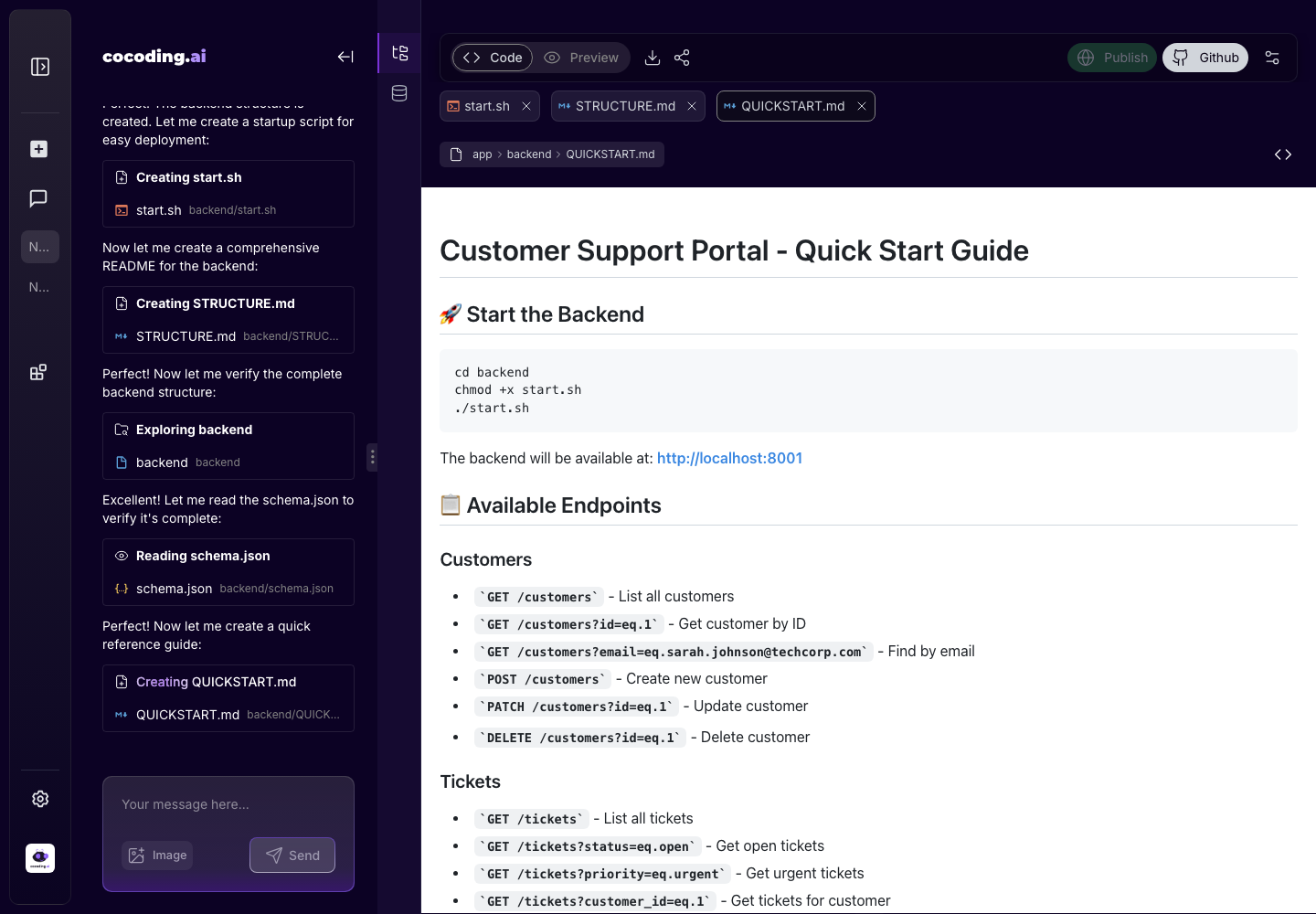 Cocoding AI code view with generated project files