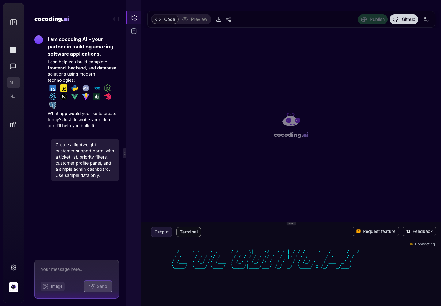 Cocoding AI terminal panel with startup state